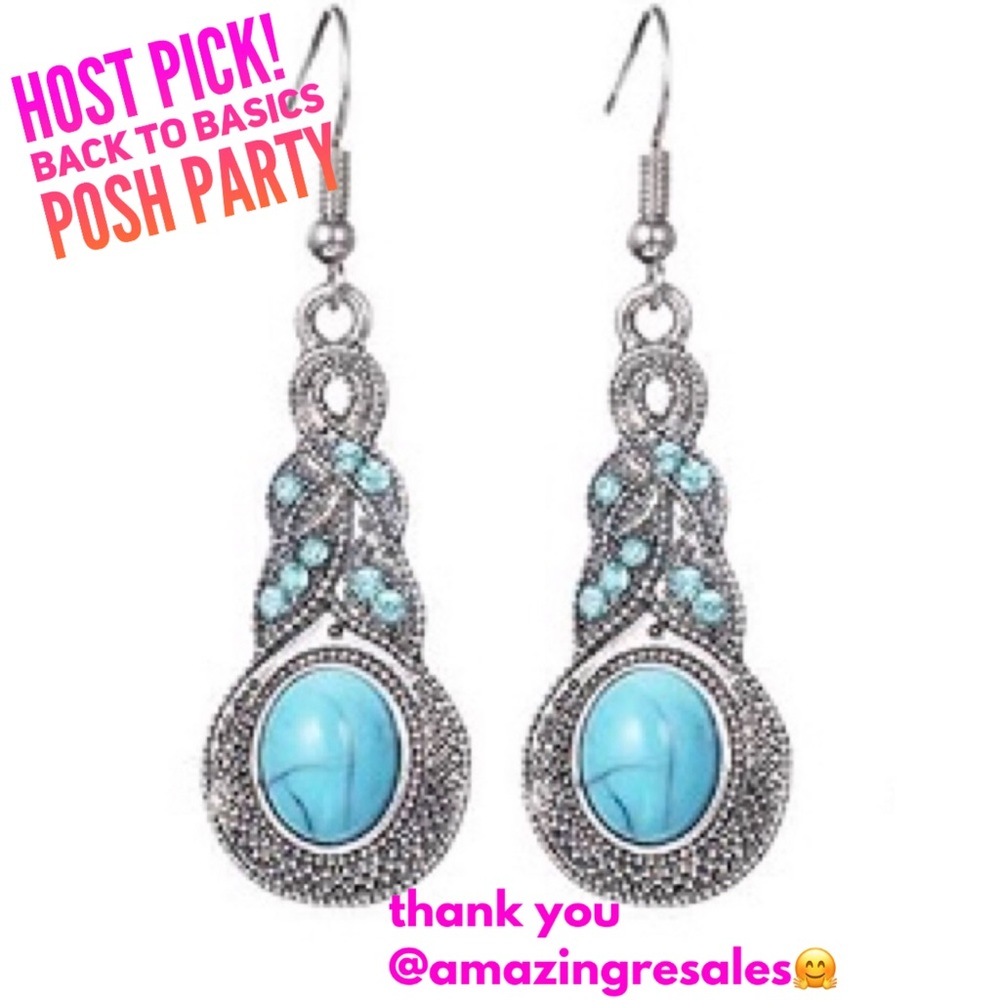 :: Turquoise+Silver Vintage Style Dangle Earrings - Picture 1 of 7
